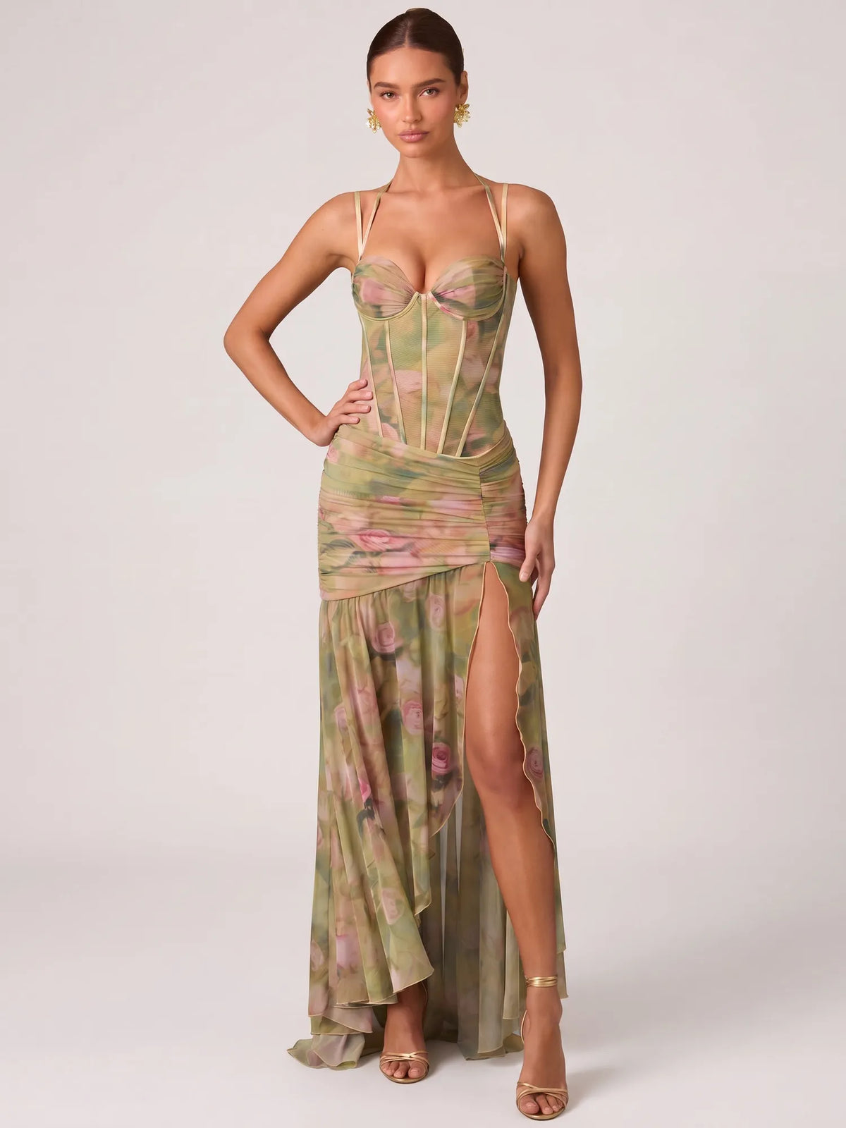 Kaia Floral Draped Corset Maxi Dress