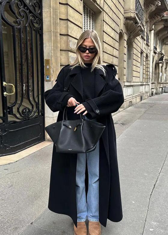 Classic Black Wool Blend Trench Coat with Oversized Lapel