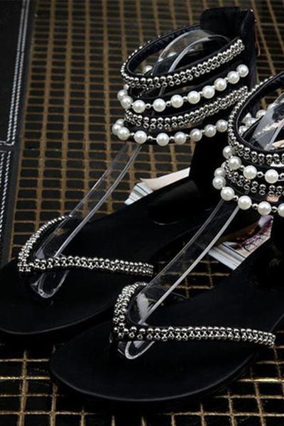 Behemian Summer Ankle Straps Fashion New Beaded Sandals Women'S Shoes