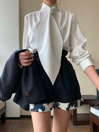 Long Sleeves Loose Solid Color High-Neck Blouses&Shirts Tops
