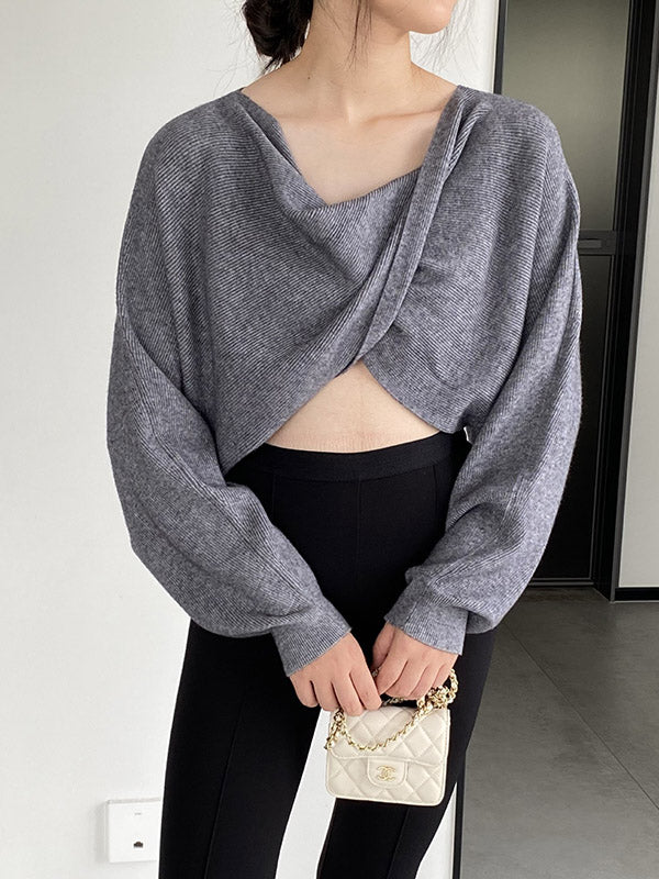 Batwing Sleeves Long Sleeves Knot Solid Color V-Neck Pullovers Sweater Tops