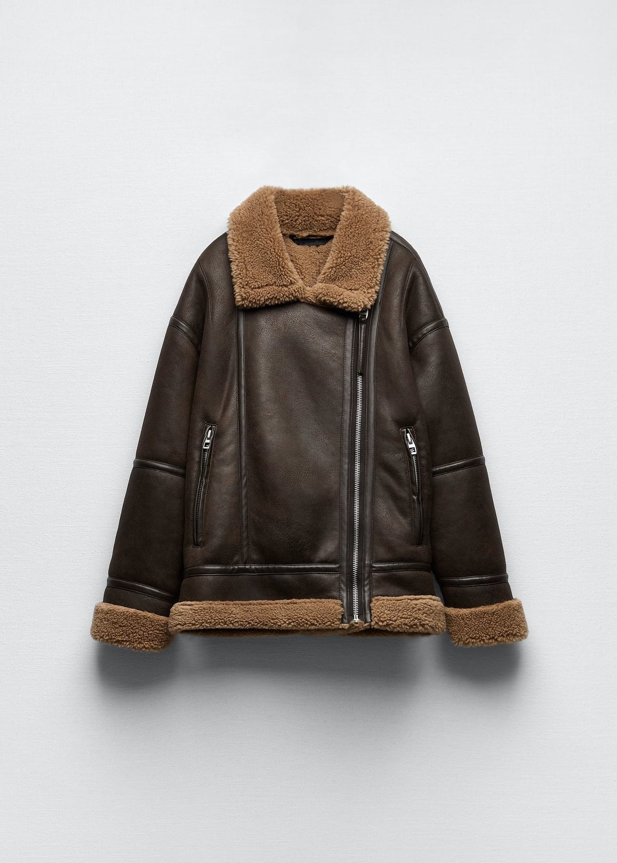 Lamb Fur Trimmed Faux Leather Aviator Jacket