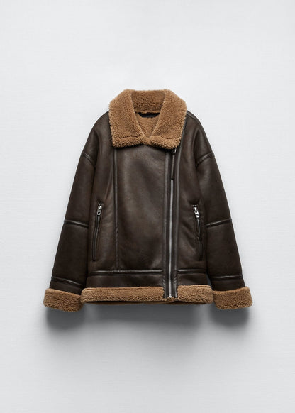 Lamb Fur Trimmed Faux Leather Aviator Jacket