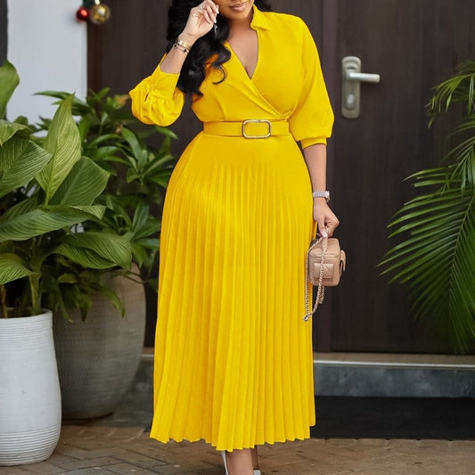 Solid Color Long Sleeve Pleated V-Neck Maxi Dress