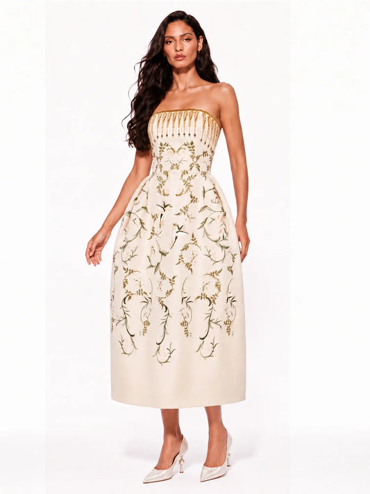 Talia Embroidered Floral and Bird Tube Midi Dress