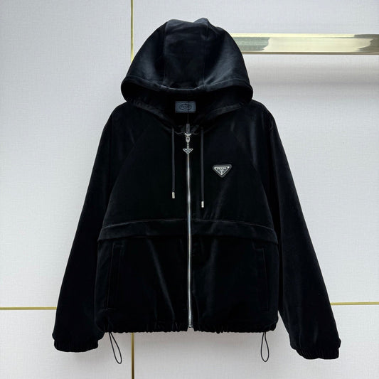 Prada 2025 Hooded Jacket Black Silk Velvet