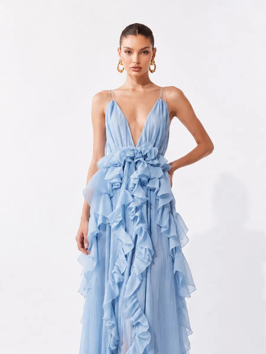 Stella Romantic Ruffled V-Neck Spaghetti Strap Maxi Dress