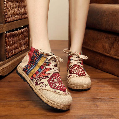Vintage Boho Folk Pattern Lace-Up Flat Canvas Shoes