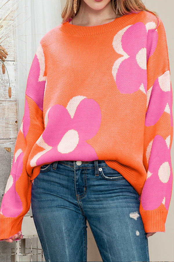 Pink \u0026 Orange Floral Cable Knitted Sweater