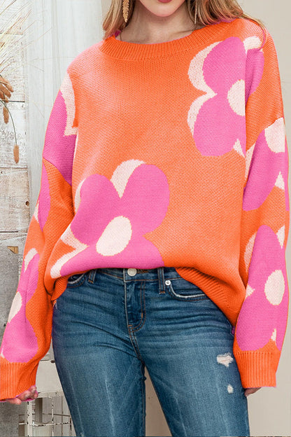 Pink \u0026 Orange Floral Cable Knitted Sweater