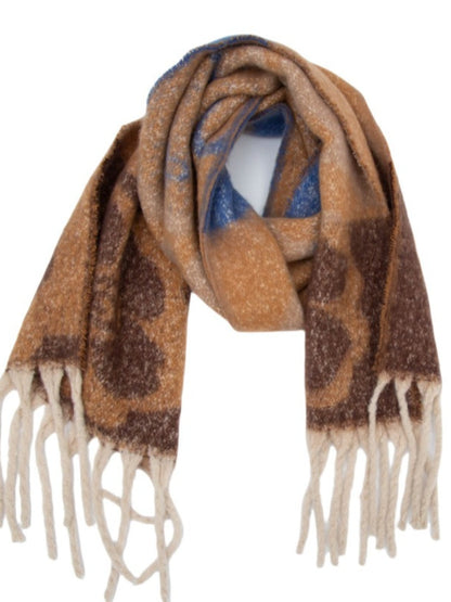 Scarvii - Retro Color-Block Fringe Scarf with Floral &amp; Leaf Patterns