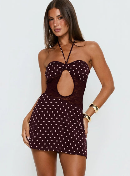 Qwen Halter Cut Out Mini Dress Plum Polka Dot
