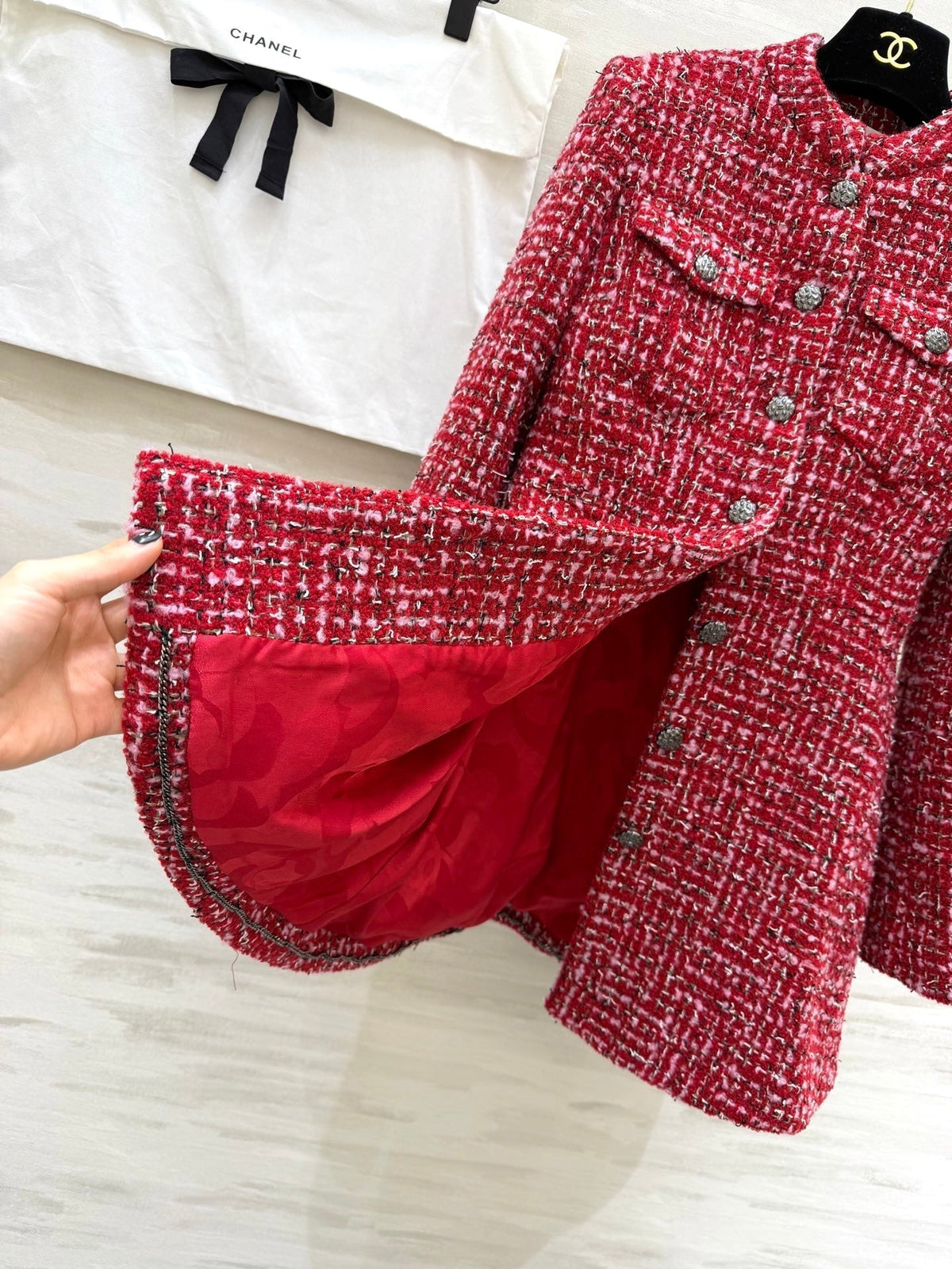 CC Woven Tweed Long-Sleeved Dress Red Pink Tweed 343197