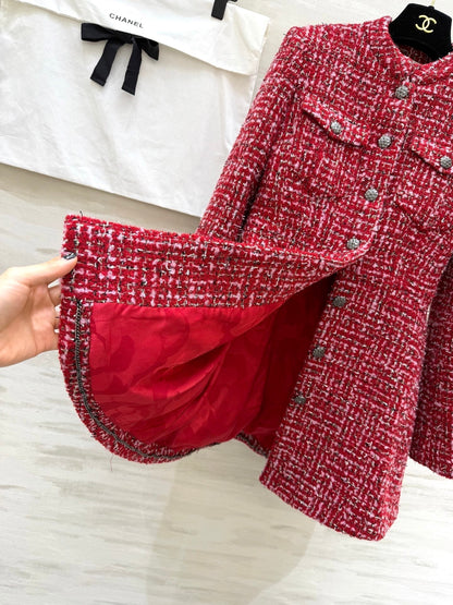 CC Woven Tweed Long-Sleeved Dress Red Pink Tweed 343197