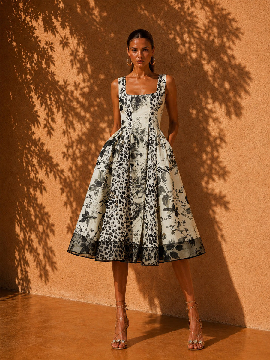 Zoey Sleeveless Ink-Wash Print Midi Dress
