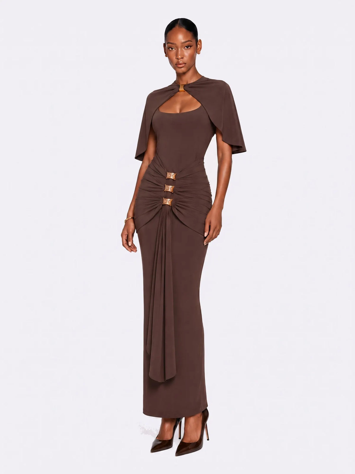 Audrey Draped Cape Ruched Maxi Dress