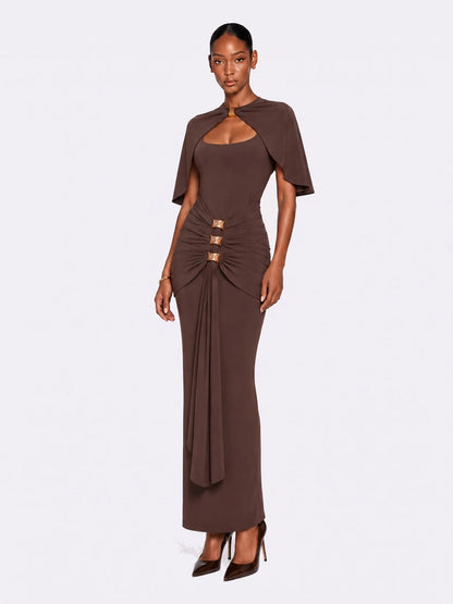 Audrey Draped Cape Ruched Maxi Dress