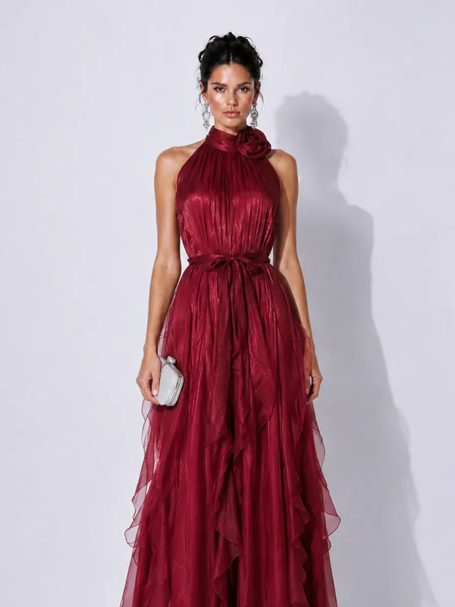 Elena 3D Floral Halter-Neck Pleated Maxi Dress