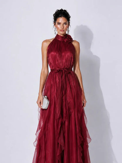 Elena 3D Floral Halter-Neck Pleated Maxi Dress
