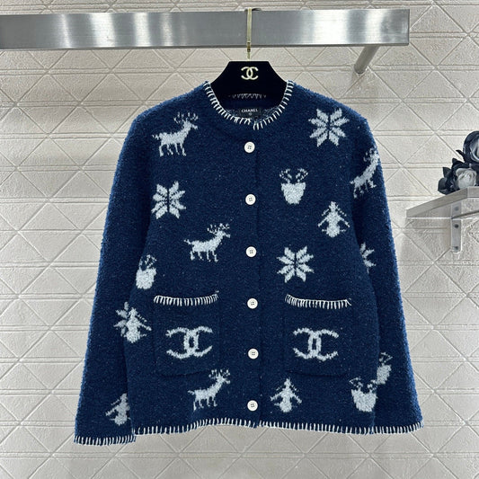 Chanel 26 Jacquard Knit Cardigan Blue in Wool Yarn 801433