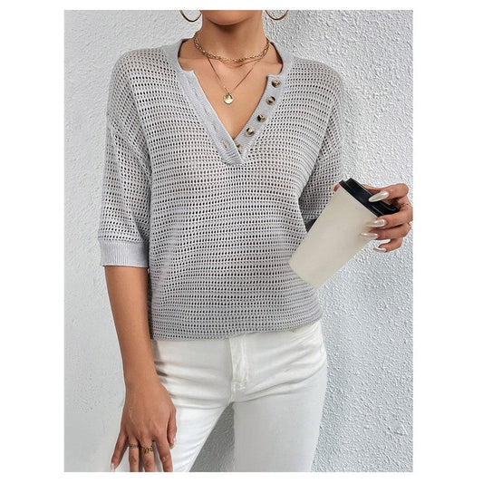Casual V-Neck Hollow Short-Sleeved Sweater