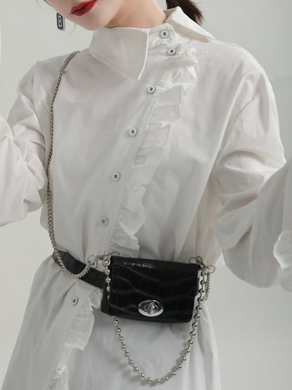 Loose Solid Color Ruffled Irregularity Buttoned Blouses