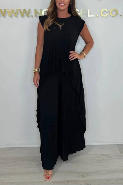 Round Neck Solid Sleeve Top Pleated Straight Pants Two-piece Set