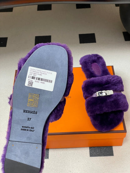 Hermes Giulia Kelly Buckle H-Slippers Purple in Wool 594326