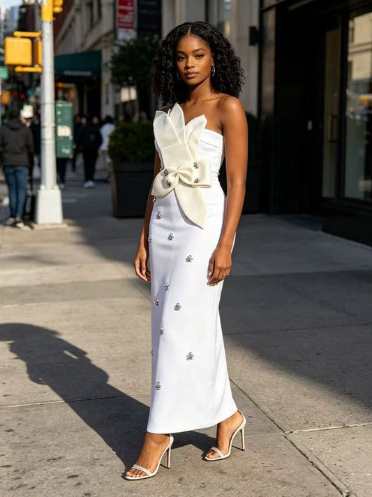 Ayla Strapless Rhinestone-Embellished Bow Maxi Dress