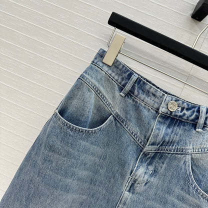 CC 25 Embroidered Midi Skirt Blue Denim Cotton