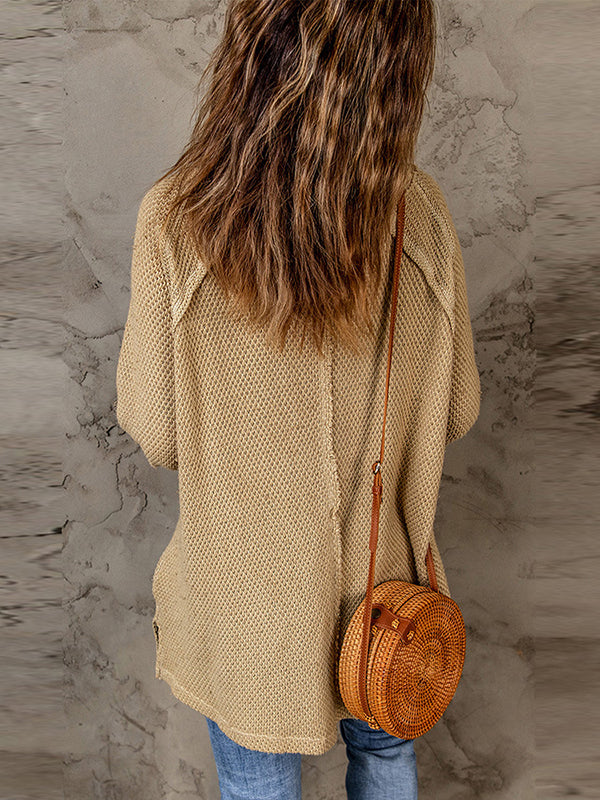 Long Sleeves Loose Solid Color Split-Joint Split-Side Round-Neck Pullovers Sweater Tops