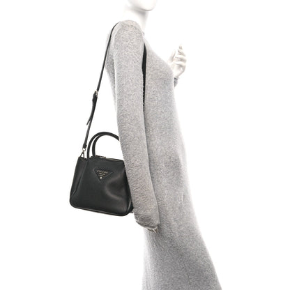 Vitello Daino Soft Mini Zippered Top Handle Bag Black