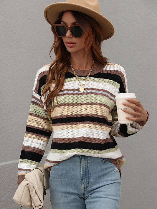 Original Long Sleeves Loose Contrast Color Striped Round-Neck Sweater Tops