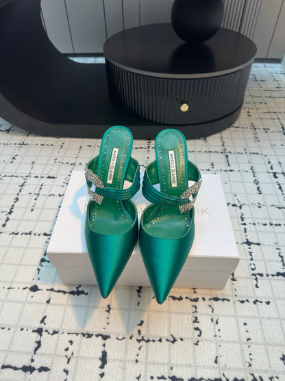 Manolo Satin Maidugura Mules 90mm Green Teal Satin