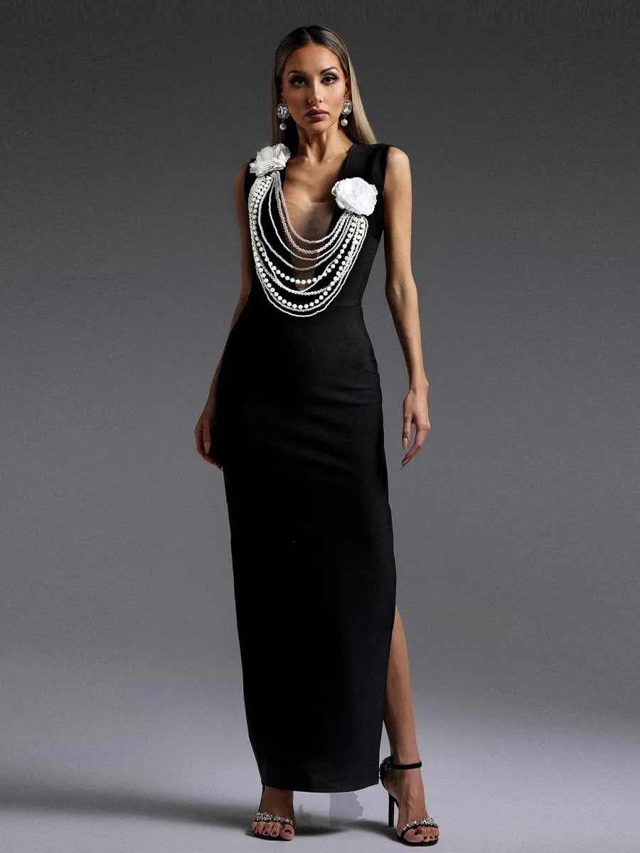 Milana V-neck Pearl Maxi Dress