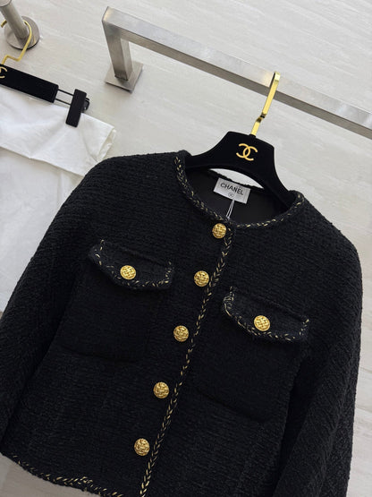 Chanel 2025 Jacket Black Tweed Fabric Gold Buckle 319479