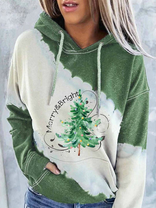 Women'S Merry & Bright Christmas Tree Print Tie-Dye Hoodie