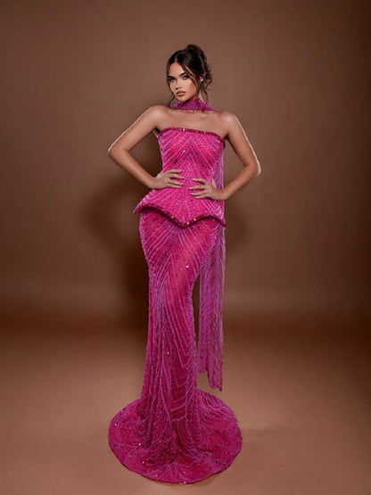 Adela Strapless Rhinestone Maxi Dress In Pink