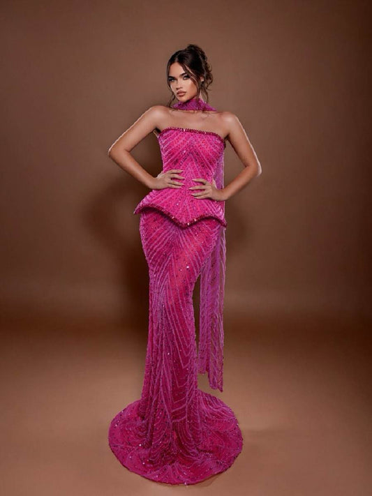Adela Strapless Rhinestone Maxi Dress In Pink
