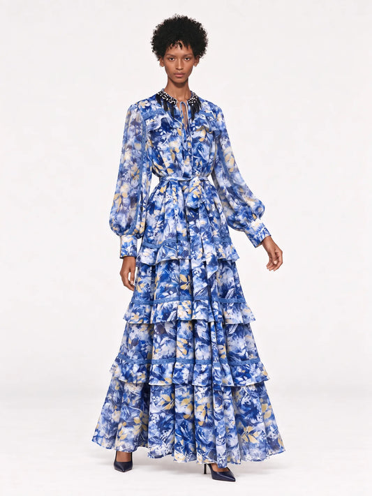 Josephine Elegant Printed Maxi Dress with Ruffle Sleeves