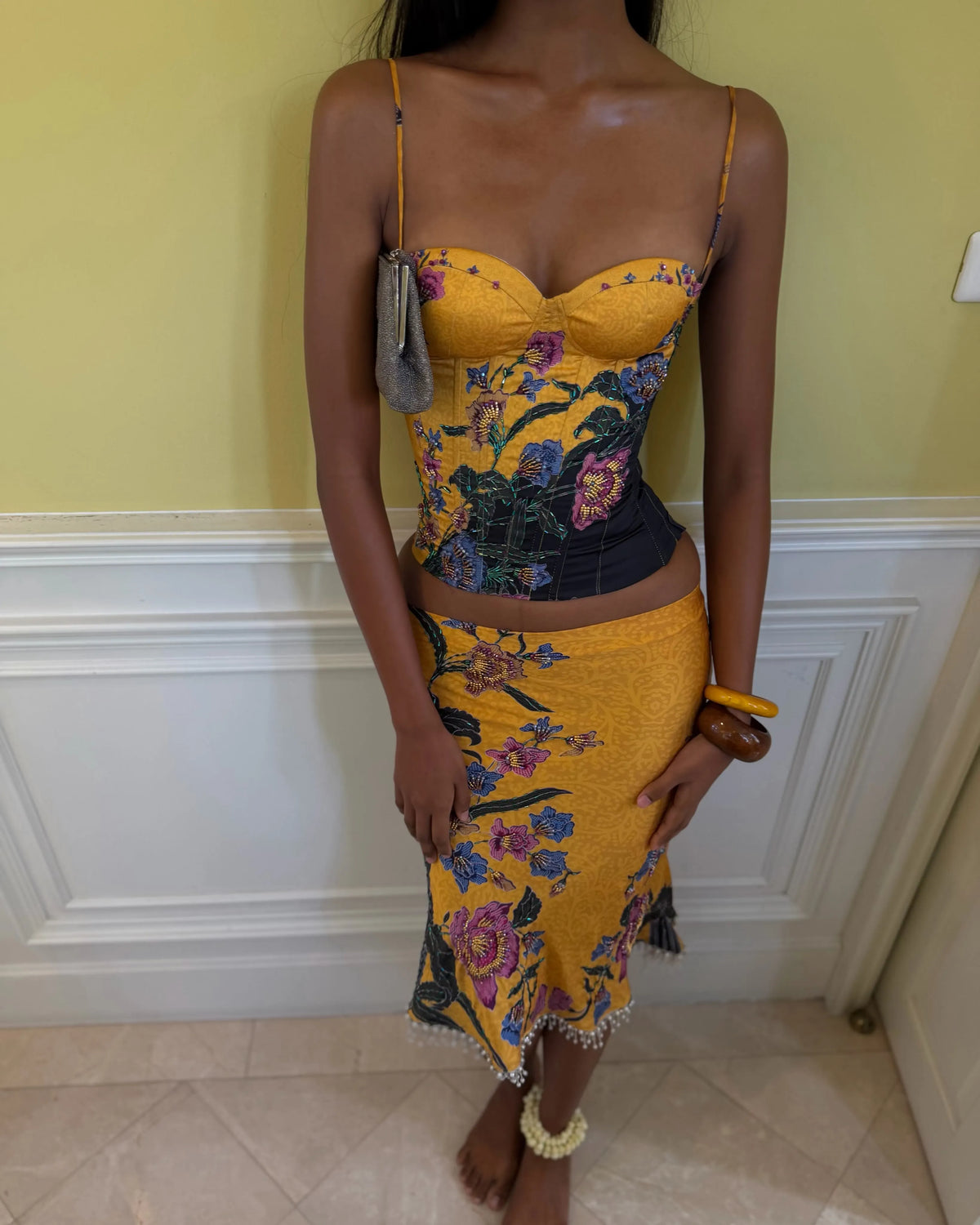 Liora Floral Corset Bead Trim Midi Two-Piece Set