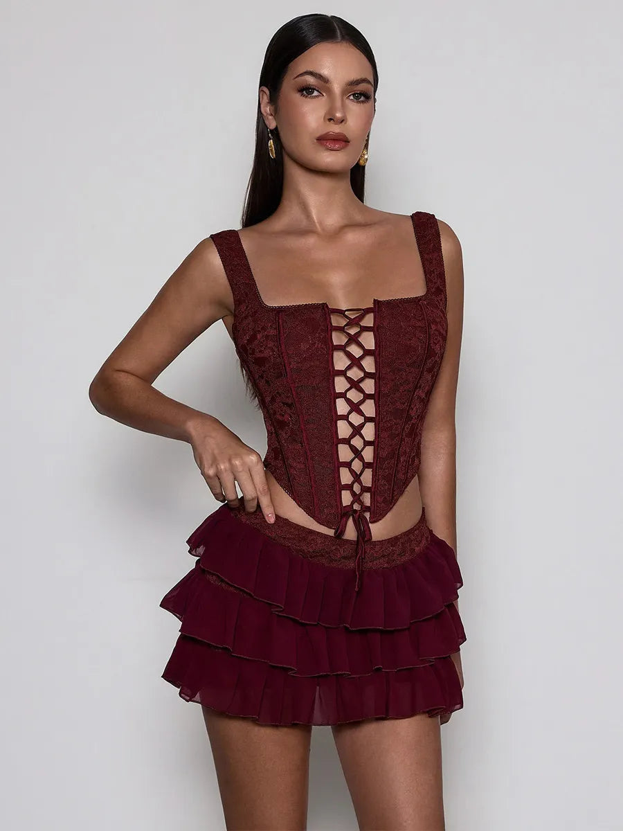 Melinda Corset Lace Up Tiered Skirt Set