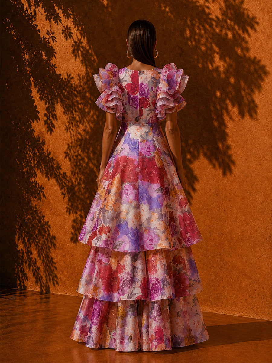 Sophia Printed Ruffled-Sleeve Tiered Maxi Dress