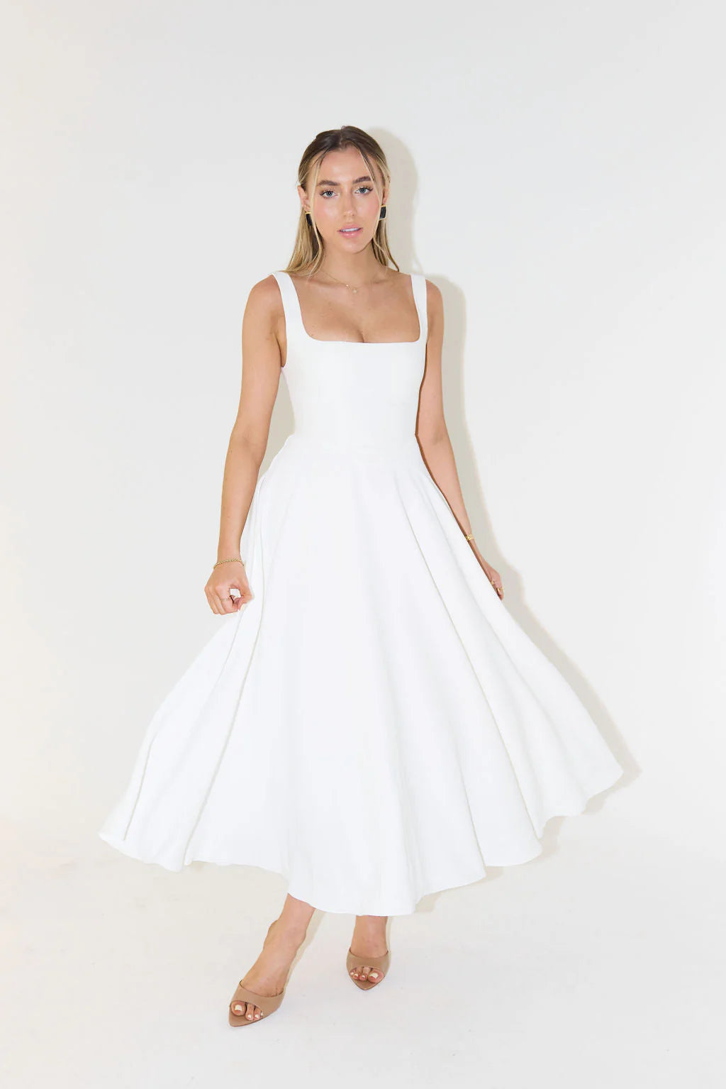 Square Neck Midi Dress Lightweight Knit Fabric