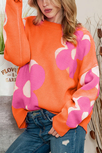 Pink \u0026 Orange Floral Cable Knitted Sweater