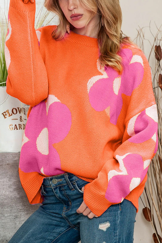 Pink \u0026 Orange Floral Cable Knitted Sweater
