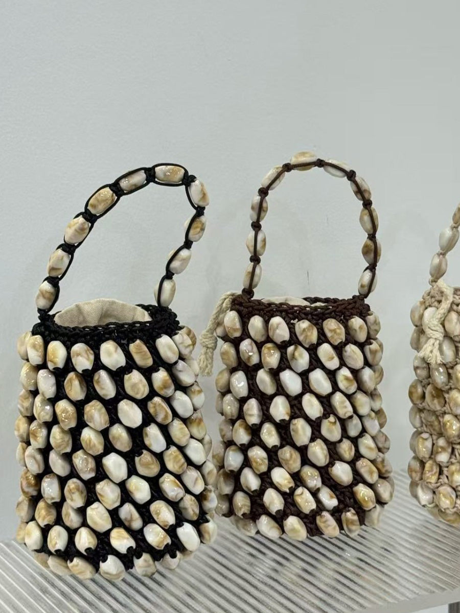 Grace Waxed Cord Beaded Woven Bucket Bag