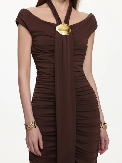 Greta Elegant Sleeveless Ruched Knit Brown Maxi Dress