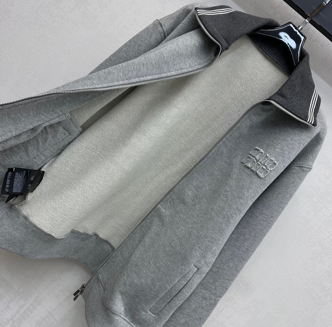 Miu Miu Fleece Jacket Zippered Grey Cotton 341877