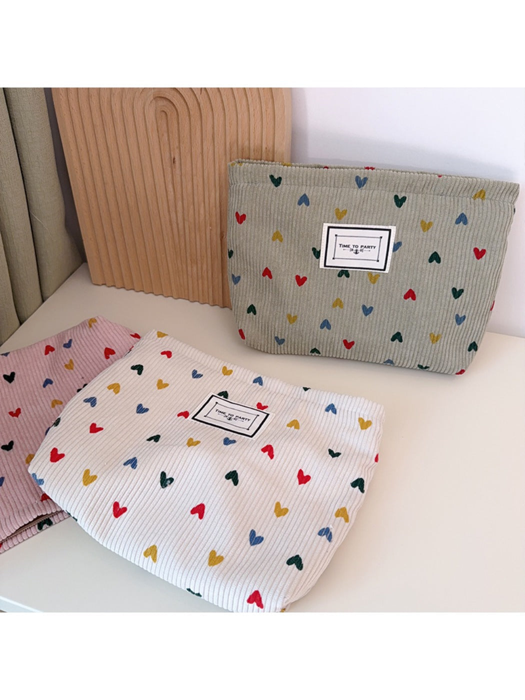 Cosbai - Corduroy Zippered Makeup Pouch with Heart-shaped Patterns